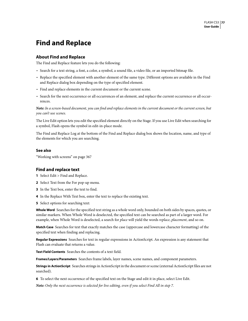 Find and replace, About find and replace, Find and replace text | Adobe Flash Professional CS3 User Manual | Page 83 / 527