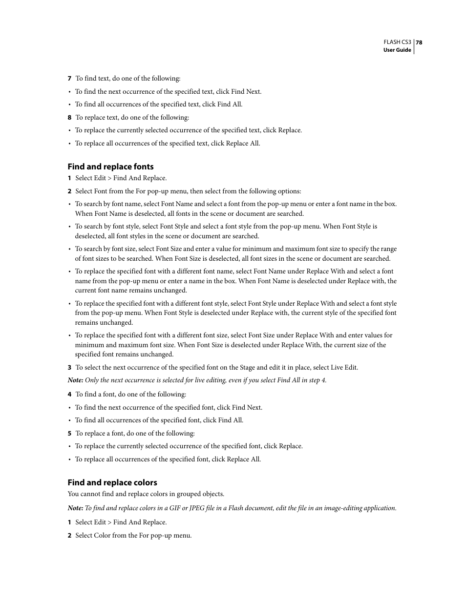 Find and replace fonts, Find and replace colors | Adobe Flash Professional CS3 User Manual | Page 84 / 527