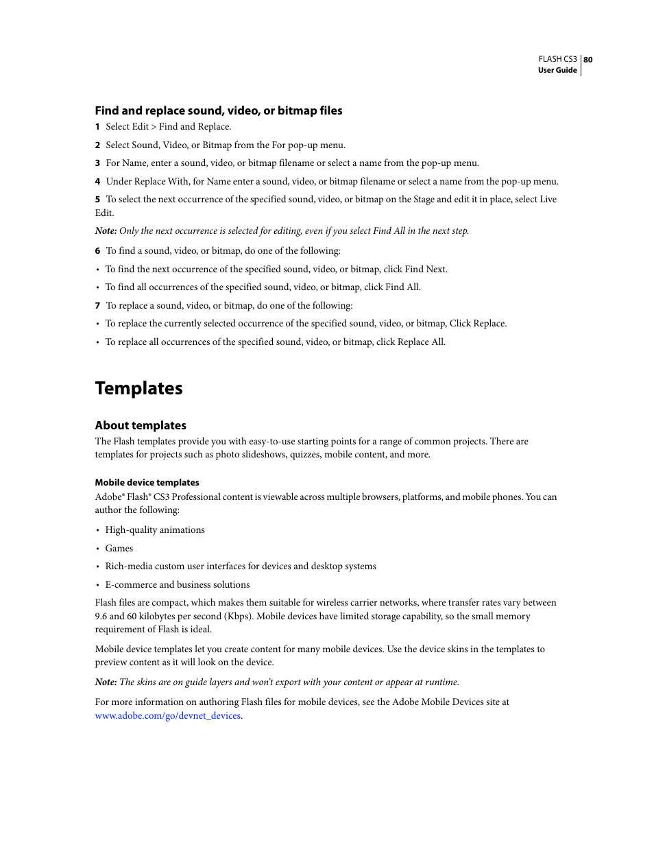 Find and replace sound, video, or bitmap files, Templates, About templates | Adobe Flash Professional CS3 User Manual | Page 86 / 527