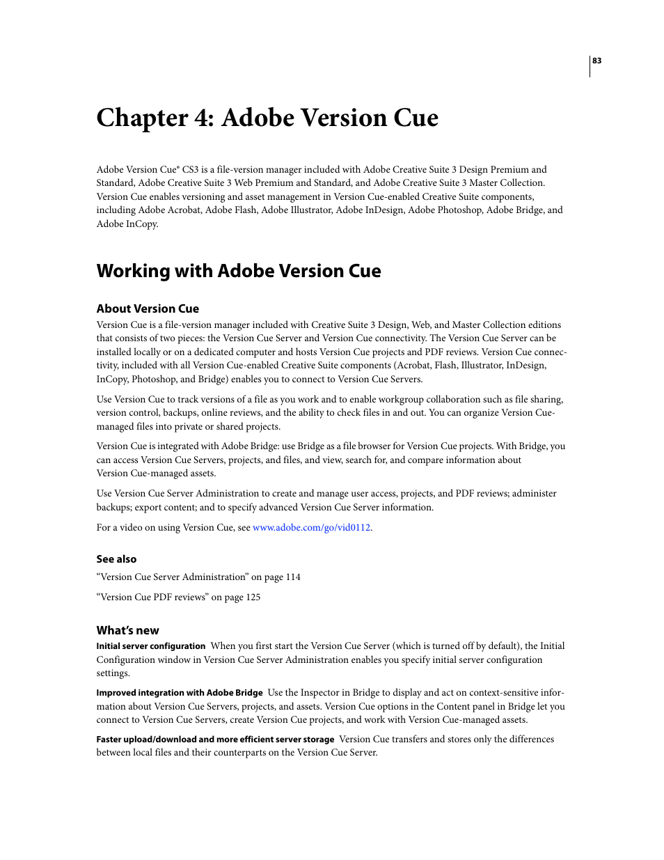 Chapter 4: adobe version cue, Working with adobe version cue, About version cue | What’s new | Adobe Flash Professional CS3 User Manual | Page 89 / 527