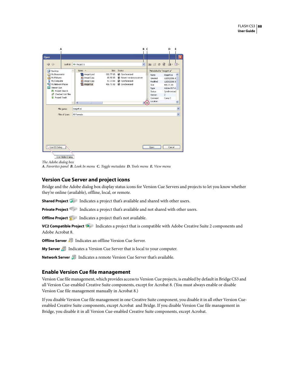 Version cue server and project icons, Enable version cue file management | Adobe Flash Professional CS3 User Manual | Page 94 / 527