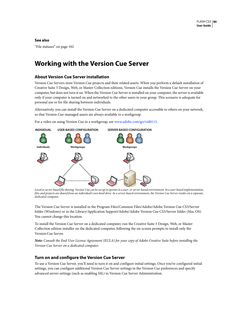 Working with the version cue server, About version cue server installation, Turn on and configure the version cue server | Adobe Flash Professional CS3 User Manual | Page 96 / 527