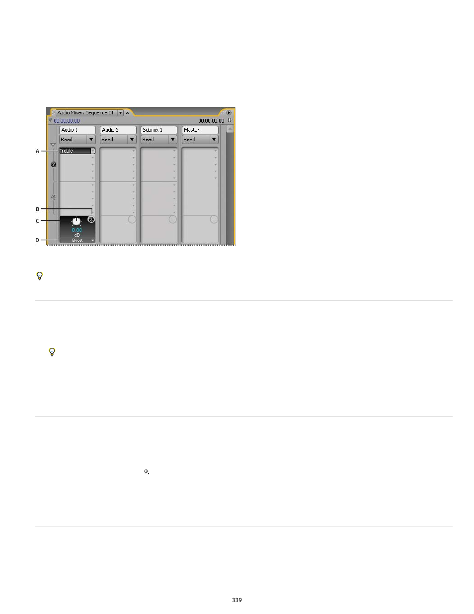 Apply a track effect in the audio mixer, Adjust audio track effects in a timeline, Copy and paste track effects | Adobe Premiere Pro CS6 User Manual | Page 343 / 485