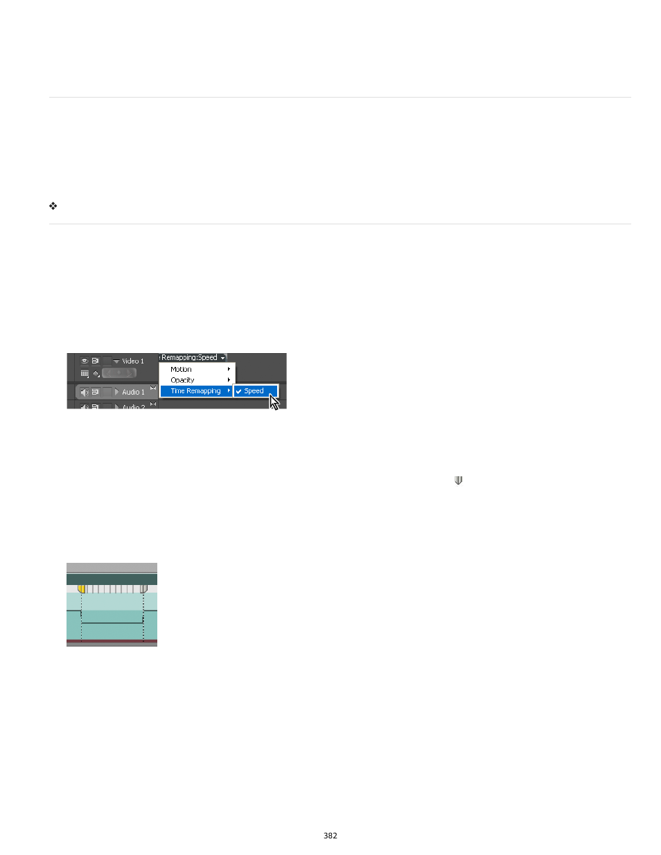 Blend frames for smooth motion freeze a frame, Blend frames for smooth motion, Freeze a frame | Adobe Premiere Pro CS6 User Manual | Page 386 / 485