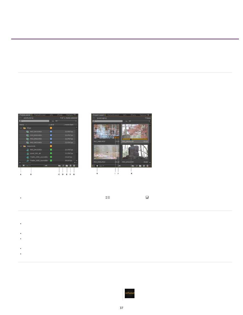 Customizing the project panel, Change project panel views, Working in list view | Working in icon view | Adobe Premiere Pro CS6 User Manual | Page 41 / 485