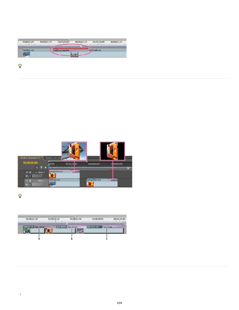 Single- and double-sided transitions, Applying transitions | Adobe Premiere Pro CS6 User Manual | Page 443 / 485