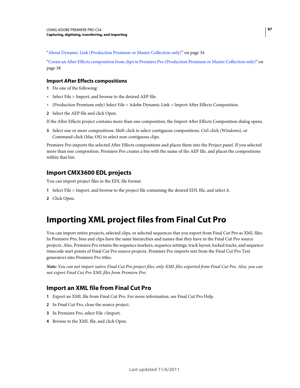 Import after effects compositions, Import cmx3600 edl projects, Importing xml project files from final cut pro | Import an xml file from final cut pro, Importing xml project files from final | Adobe Premiere Pro CS4 User Manual | Page 103 / 491