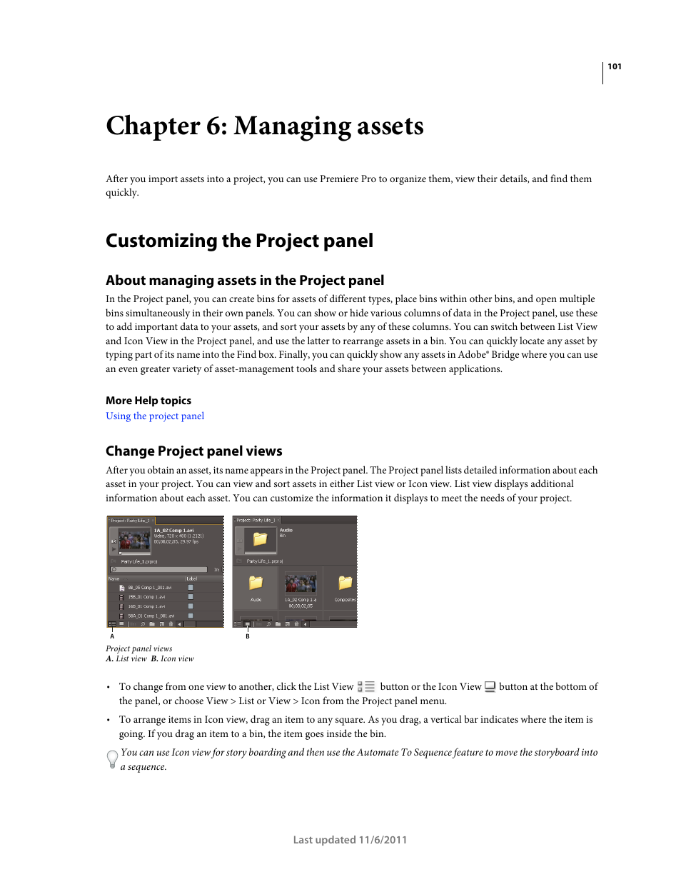 Chapter 6: managing assets, Customizing the project panel, About managing assets in the project panel | Change project panel views | Adobe Premiere Pro CS4 User Manual | Page 107 / 491