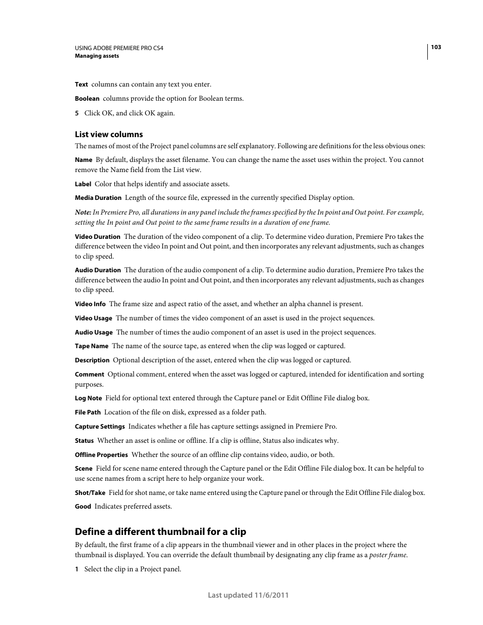 List view columns, Define a different thumbnail for a clip | Adobe Premiere Pro CS4 User Manual | Page 109 / 491