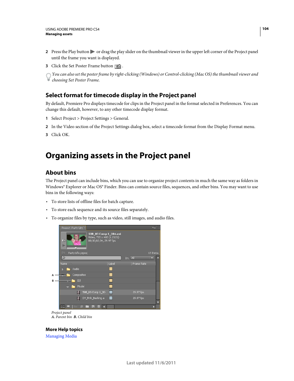 Organizing assets in the project panel, About bins | Adobe Premiere Pro CS4 User Manual | Page 110 / 491