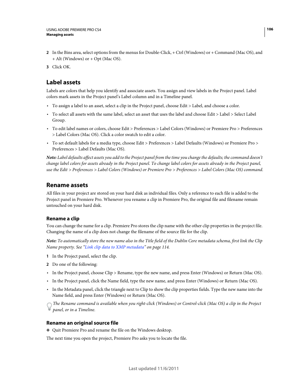 Label assets, Rename assets, Rename a clip | Rename an original source file | Adobe Premiere Pro CS4 User Manual | Page 112 / 491