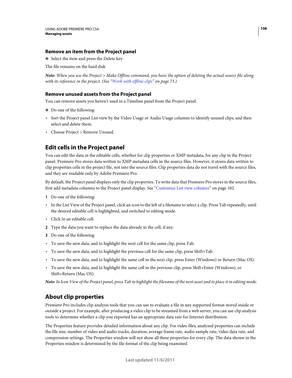 Remove an item from the project panel, Remove unused assets from the project panel, Edit cells in the project panel | About clip properties | Adobe Premiere Pro CS4 User Manual | Page 114 / 491