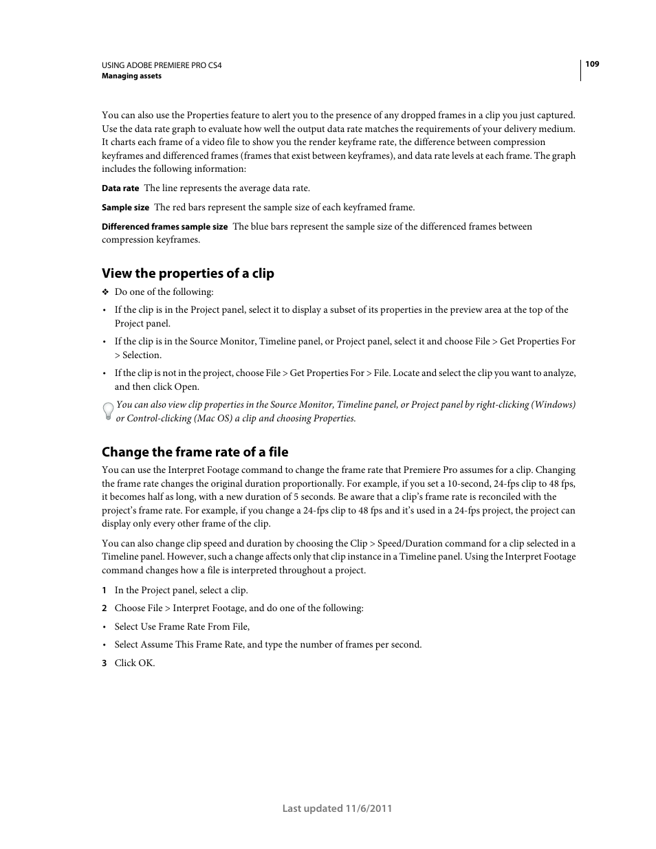 View the properties of a clip, Change the frame rate of a file | Adobe Premiere Pro CS4 User Manual | Page 115 / 491