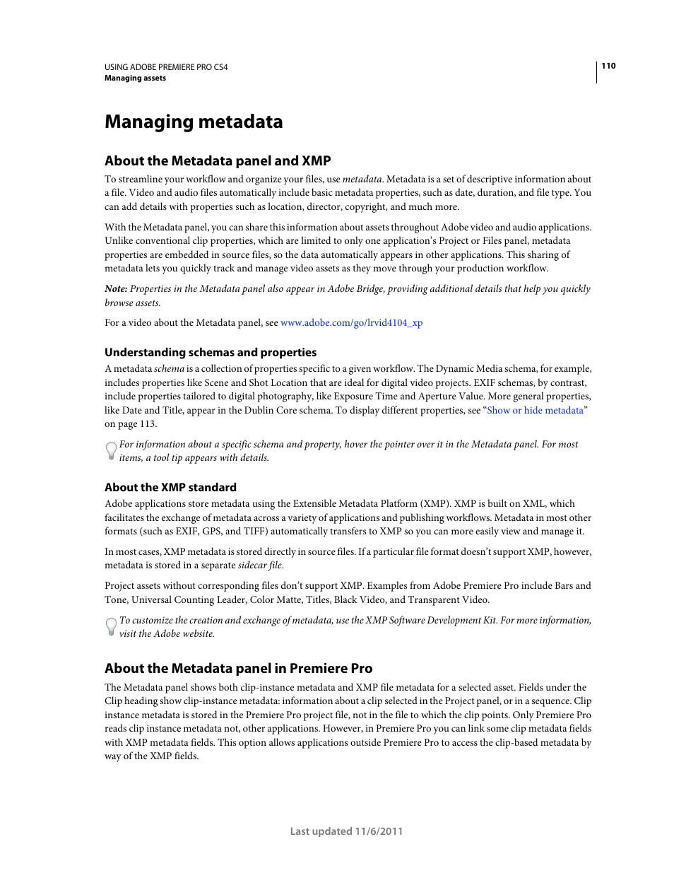 Managing metadata, About the metadata panel and xmp, Understanding schemas and properties | About the xmp standard, About the metadata panel in premiere pro | Adobe Premiere Pro CS4 User Manual | Page 116 / 491