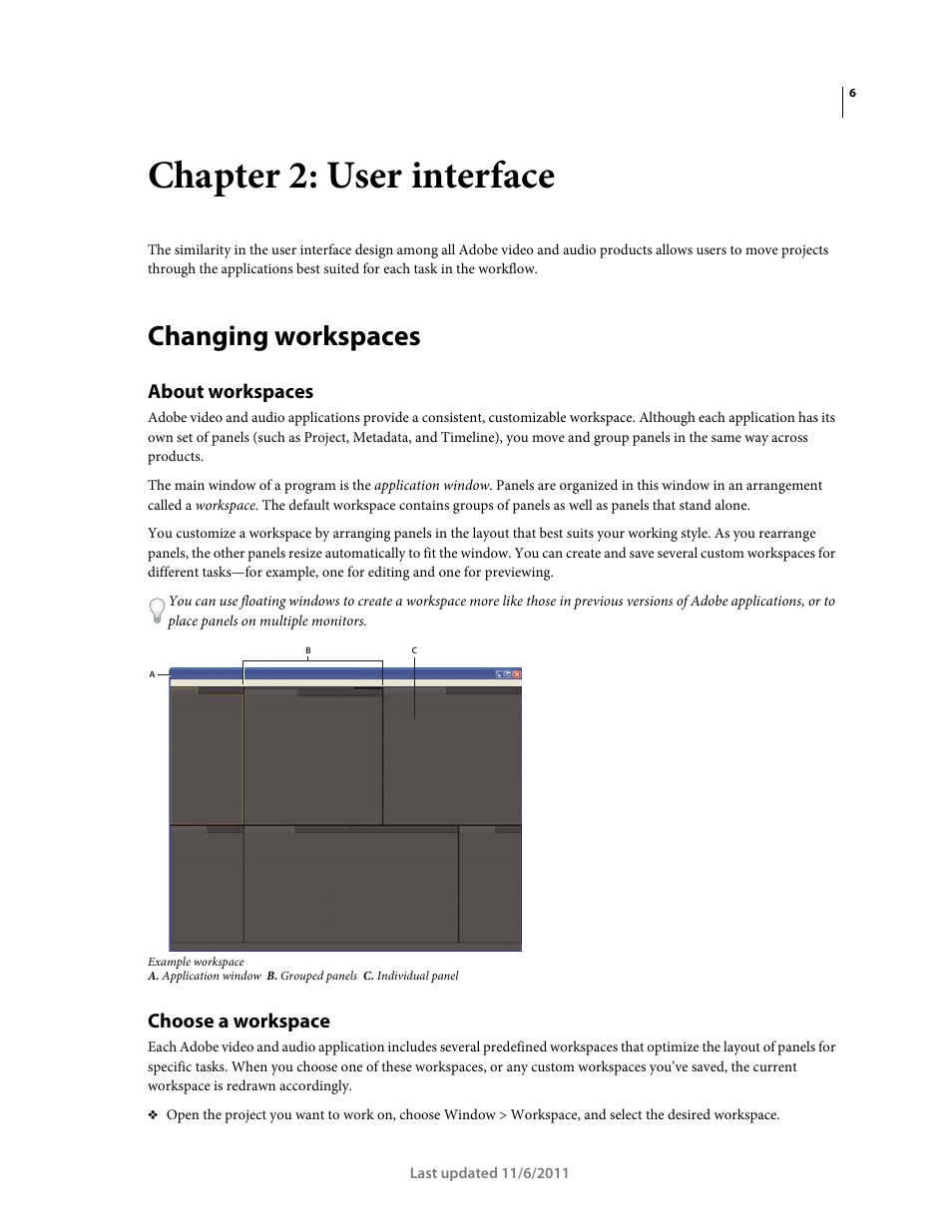 Chapter 2: user interface, Changing workspaces, About workspaces | Choose a workspace | Adobe Premiere Pro CS4 User Manual | Page 12 / 491