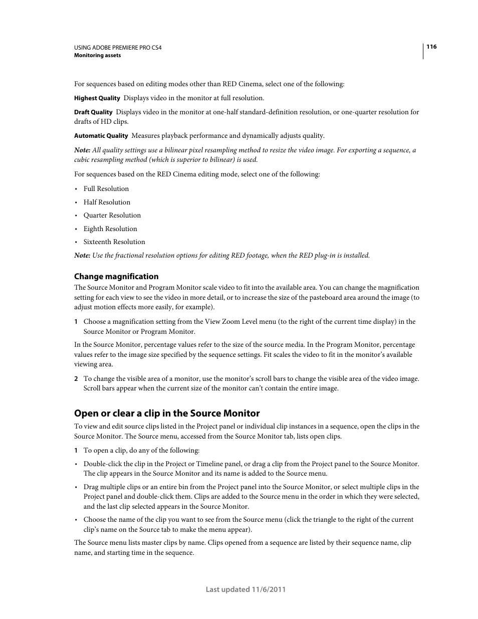 Change magnification, Open or clear a clip in the source monitor | Adobe Premiere Pro CS4 User Manual | Page 122 / 491