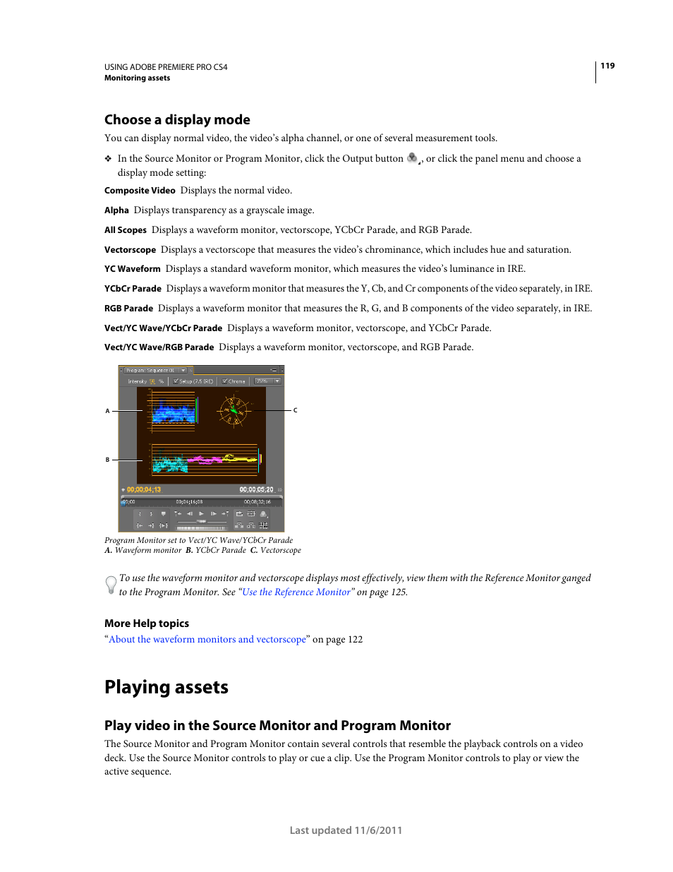 Choose a display mode, Playing assets | Adobe Premiere Pro CS4 User Manual | Page 125 / 491