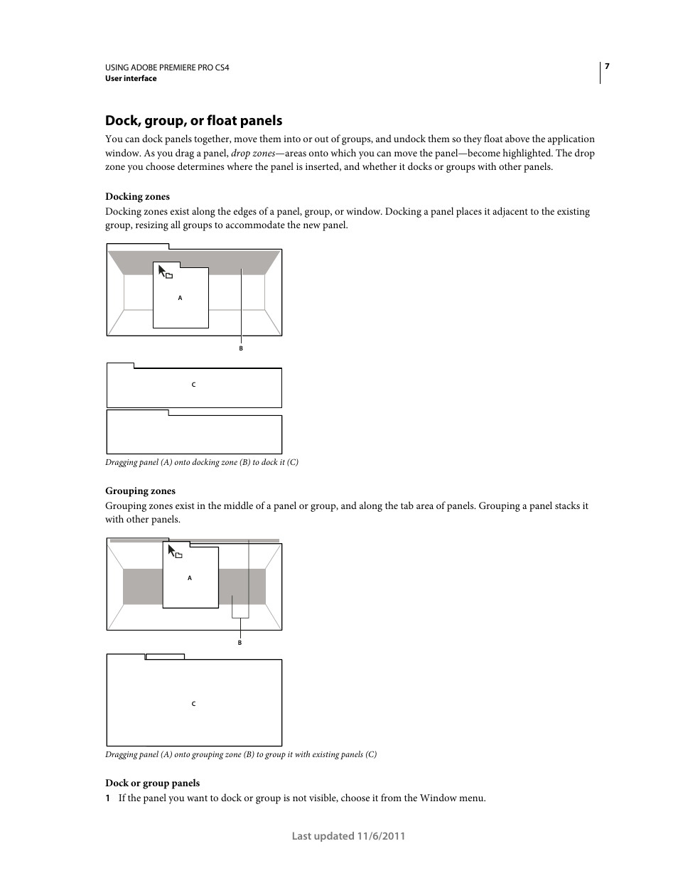 Dock, group, or float panels | Adobe Premiere Pro CS4 User Manual | Page 13 / 491