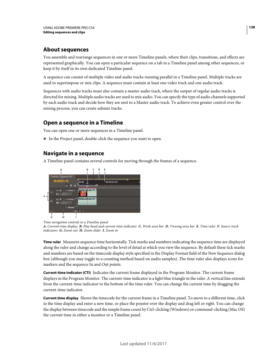 About sequences, Open a sequence in a timeline, Navigate in a sequence | Adobe Premiere Pro CS4 User Manual | Page 134 / 491