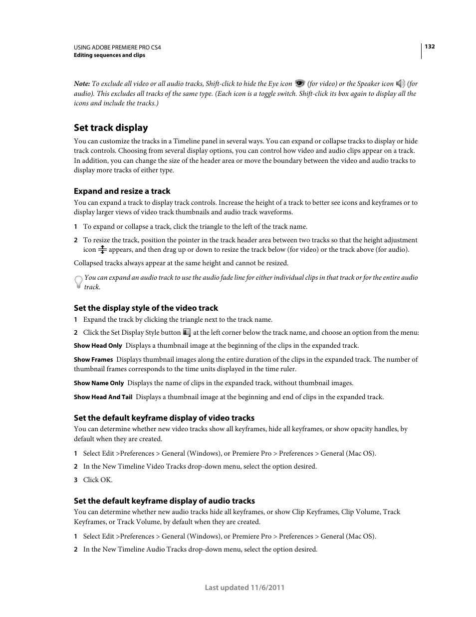 Set track display, Expand and resize a track, Set the display style of the video track | Set the default keyframe display of video tracks, Set the default keyframe display of audio tracks | Adobe Premiere Pro CS4 User Manual | Page 138 / 491