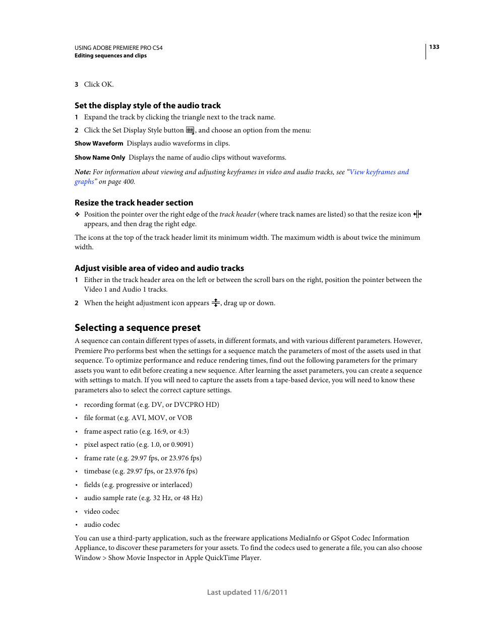 Set the display style of the audio track, Resize the track header section, Adjust visible area of video and audio tracks | Selecting a sequence preset | Adobe Premiere Pro CS4 User Manual | Page 139 / 491