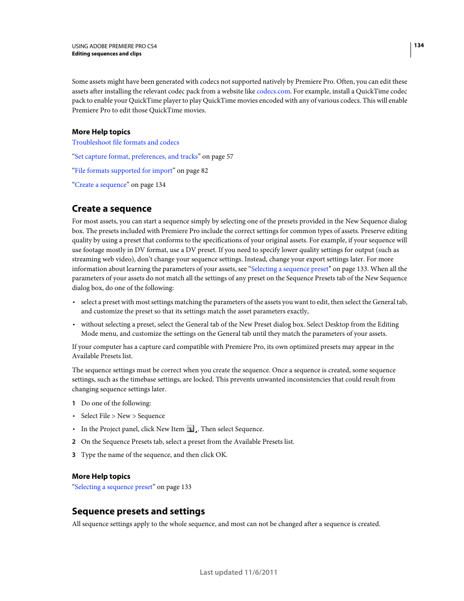 Create a sequence, Sequence presets and settings, Create a | Sequence, General settings in | Adobe Premiere Pro CS4 User Manual | Page 140 / 491