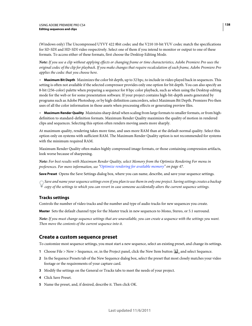 Tracks settings, Create a custom sequence preset | Adobe Premiere Pro CS4 User Manual | Page 144 / 491