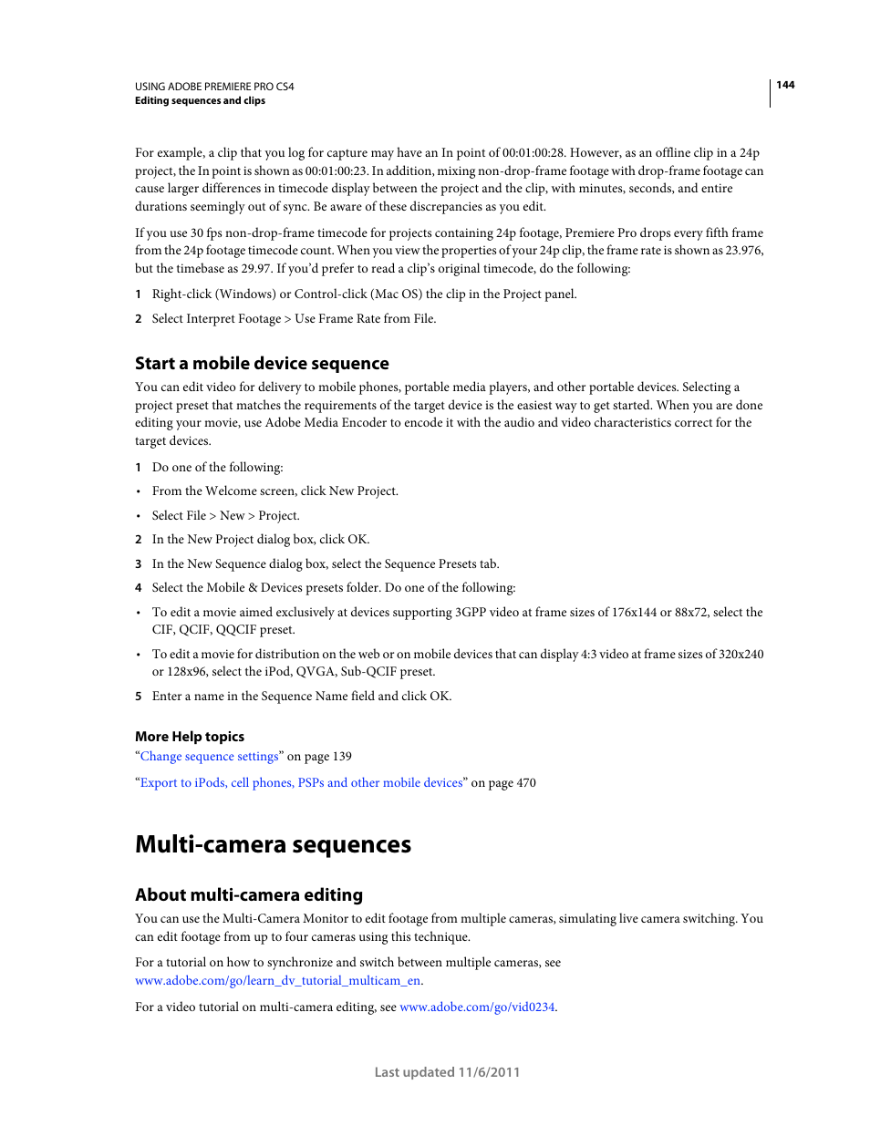 Start a mobile device sequence, Multi-camera sequences, About multi-camera editing | Adobe Premiere Pro CS4 User Manual | Page 150 / 491