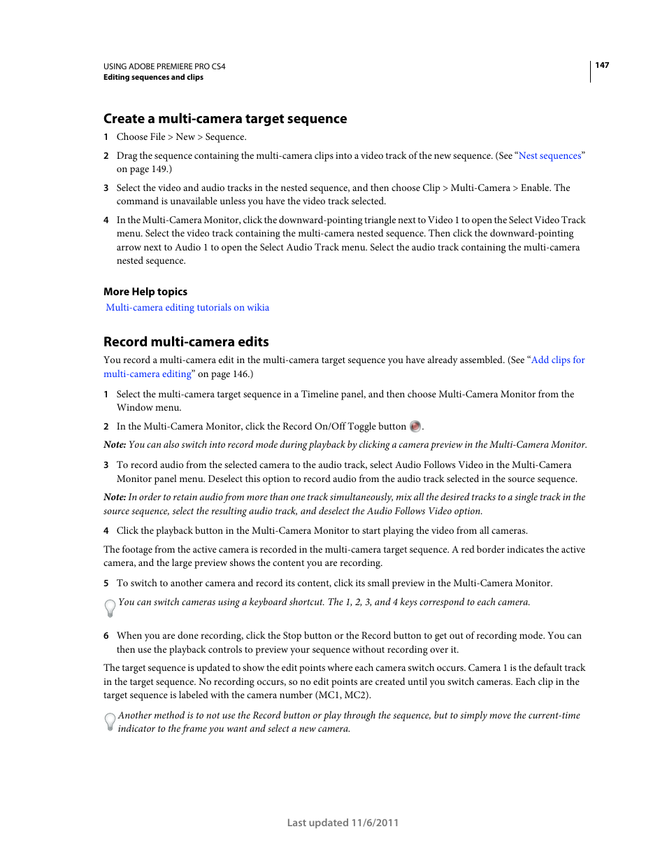 Create a multi-camera target sequence, Record multi-camera edits, Create a | Multi-camera target sequence | Adobe Premiere Pro CS4 User Manual | Page 153 / 491