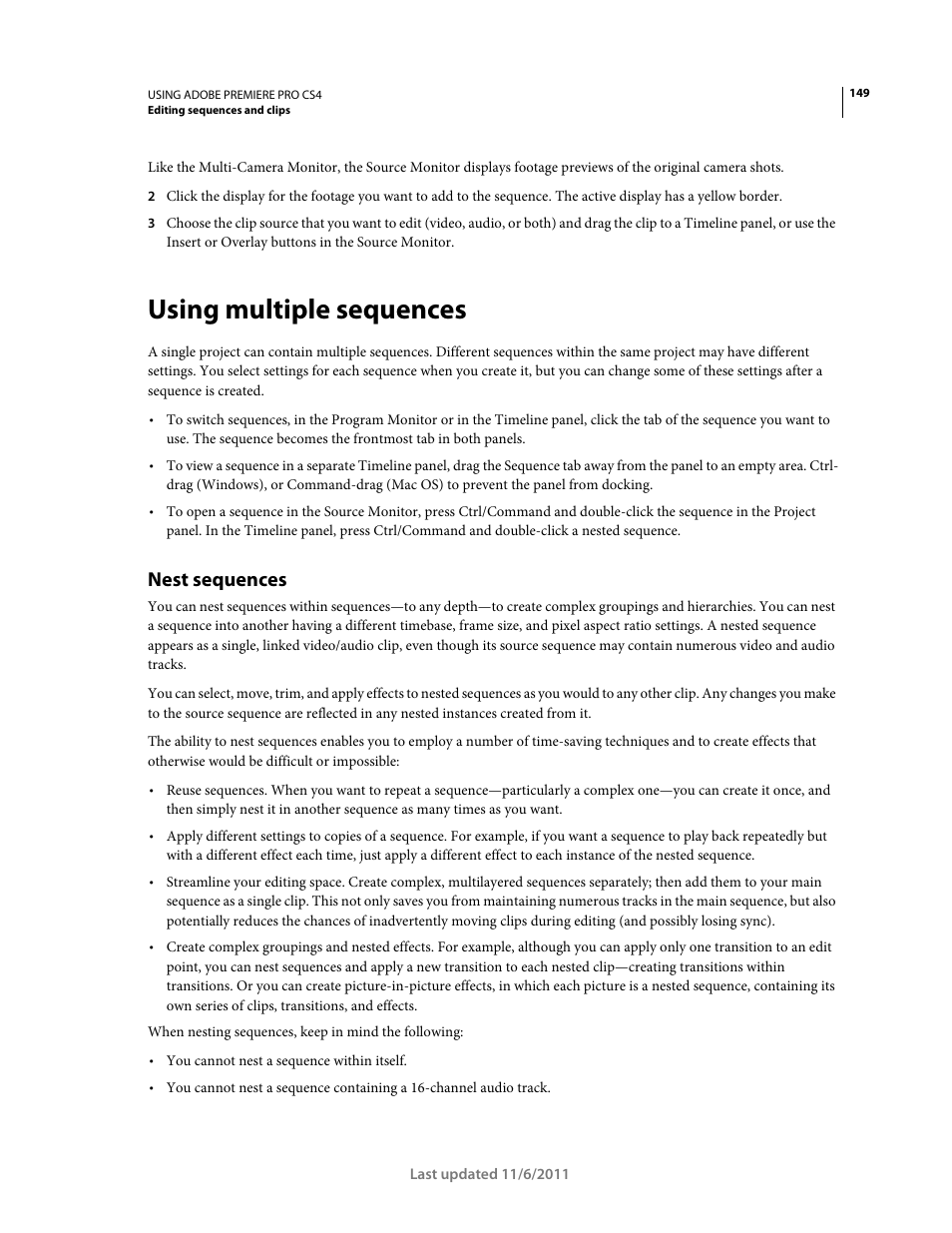 Using multiple sequences, Nest sequences | Adobe Premiere Pro CS4 User Manual | Page 155 / 491