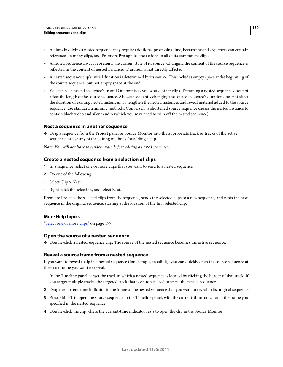 Nest a sequence in another sequence, Create a nested sequence from a selection of clips, Open the source of a nested sequence | Reveal a source frame from a nested sequence | Adobe Premiere Pro CS4 User Manual | Page 156 / 491