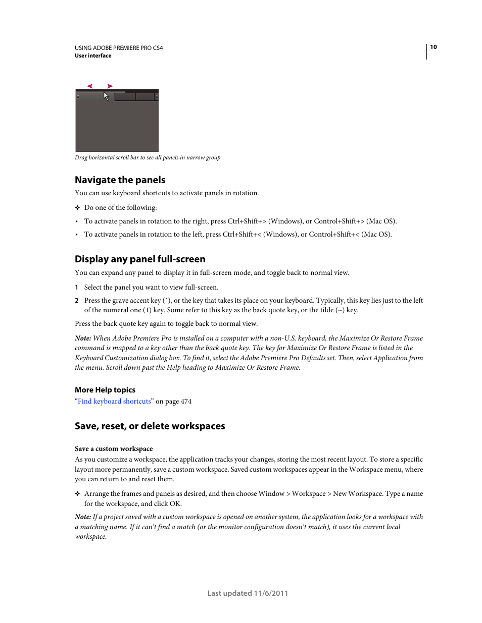 Navigate the panels, Display any panel full-screen, Save, reset, or delete workspaces | Adobe Premiere Pro CS4 User Manual | Page 16 / 491