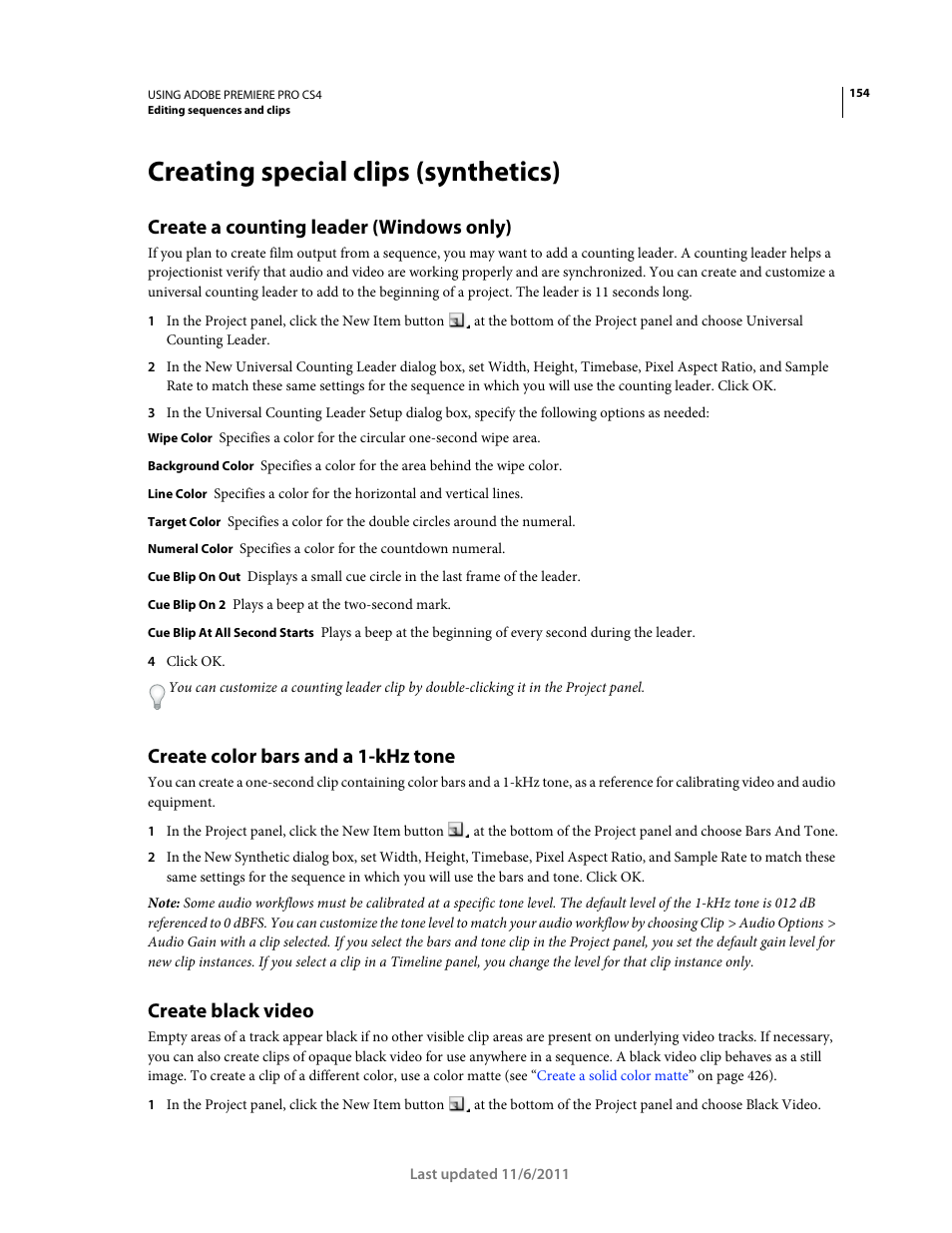 Creating special clips (synthetics), Create a counting leader (windows only), Create color bars and a 1-khz tone | Create black video | Adobe Premiere Pro CS4 User Manual | Page 160 / 491