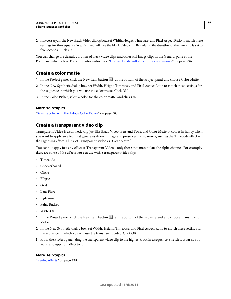 Create a color matte, Create a transparent video clip | Adobe Premiere Pro CS4 User Manual | Page 161 / 491