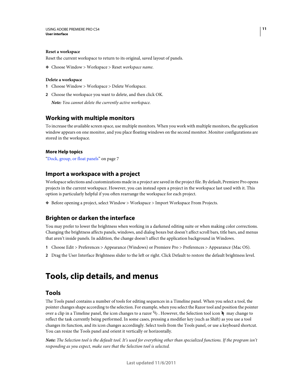 Working with multiple monitors, Import a workspace with a project, Brighten or darken the interface | Tools, clip details, and menus, Tools | Adobe Premiere Pro CS4 User Manual | Page 17 / 491