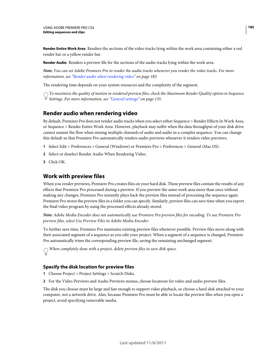 Render audio when rendering video, Work with preview files, Specify the disk location for preview files | Adobe Premiere Pro CS4 User Manual | Page 191 / 491