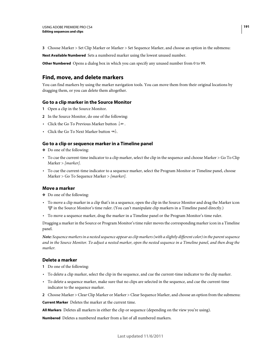 Find, move, and delete markers, Go to a clip marker in the source monitor, Move a marker | Delete a marker | Adobe Premiere Pro CS4 User Manual | Page 197 / 491