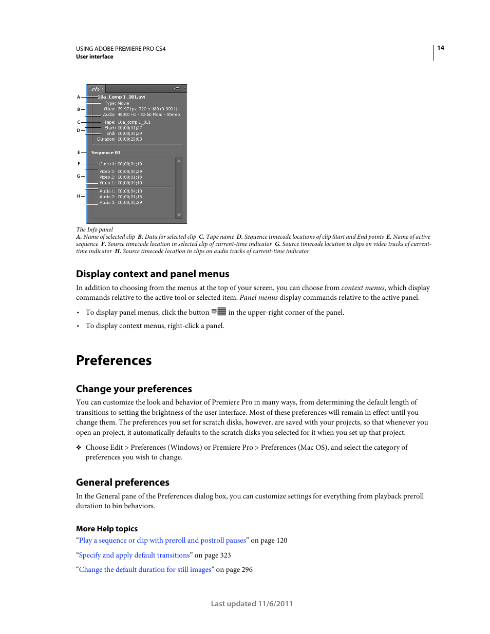 Display context and panel menus, Preferences, Change your preferences | General preferences | Adobe Premiere Pro CS4 User Manual | Page 20 / 491