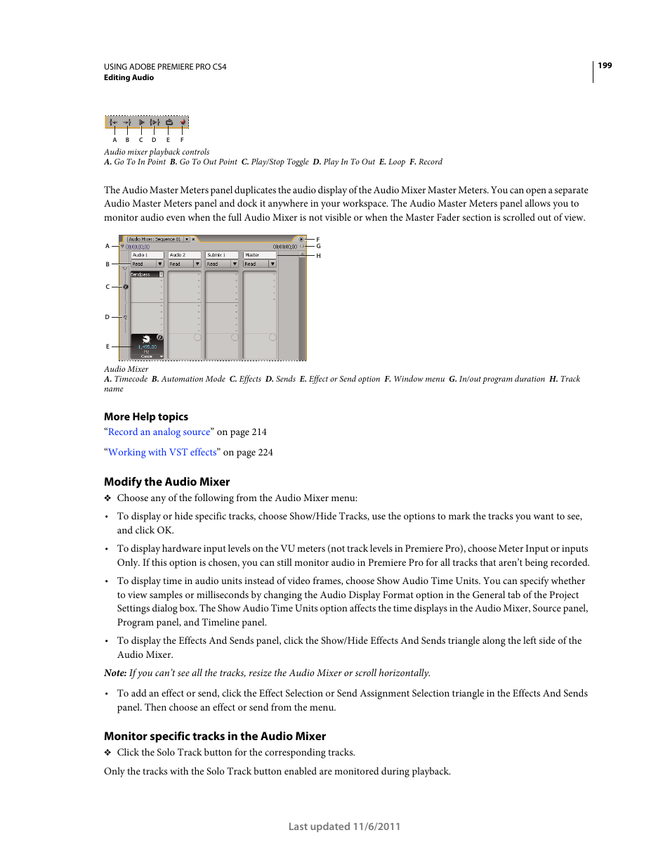 Modify the audio mixer, Monitor specific tracks in the audio mixer | Adobe Premiere Pro CS4 User Manual | Page 205 / 491