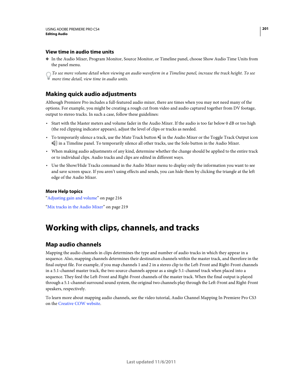 View time in audio time units, Making quick audio adjustments, Working with clips, channels, and tracks | Map audio channels | Adobe Premiere Pro CS4 User Manual | Page 207 / 491