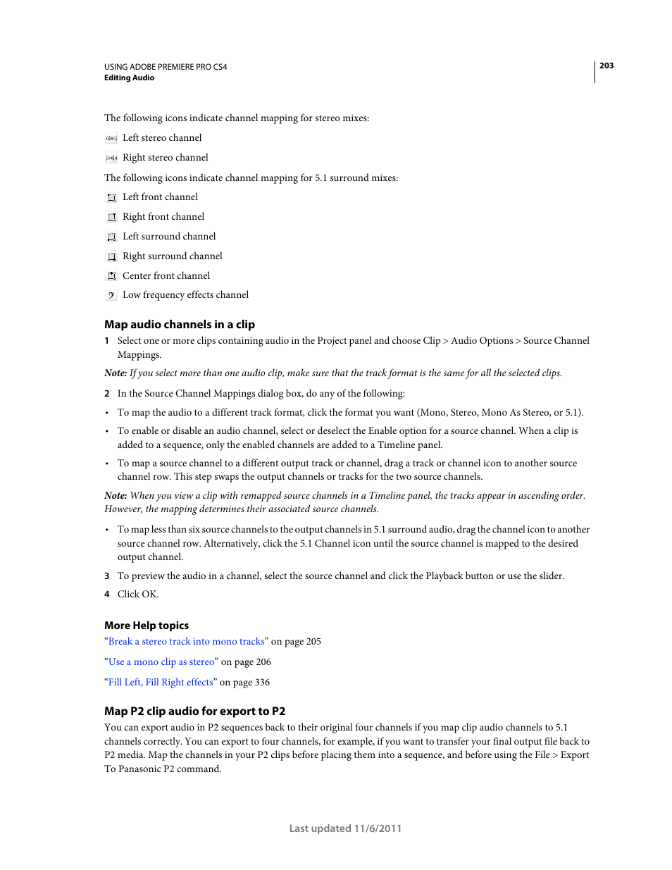 Map audio channels in a clip, Map p2 clip audio for export to p2 | Adobe Premiere Pro CS4 User Manual | Page 209 / 491