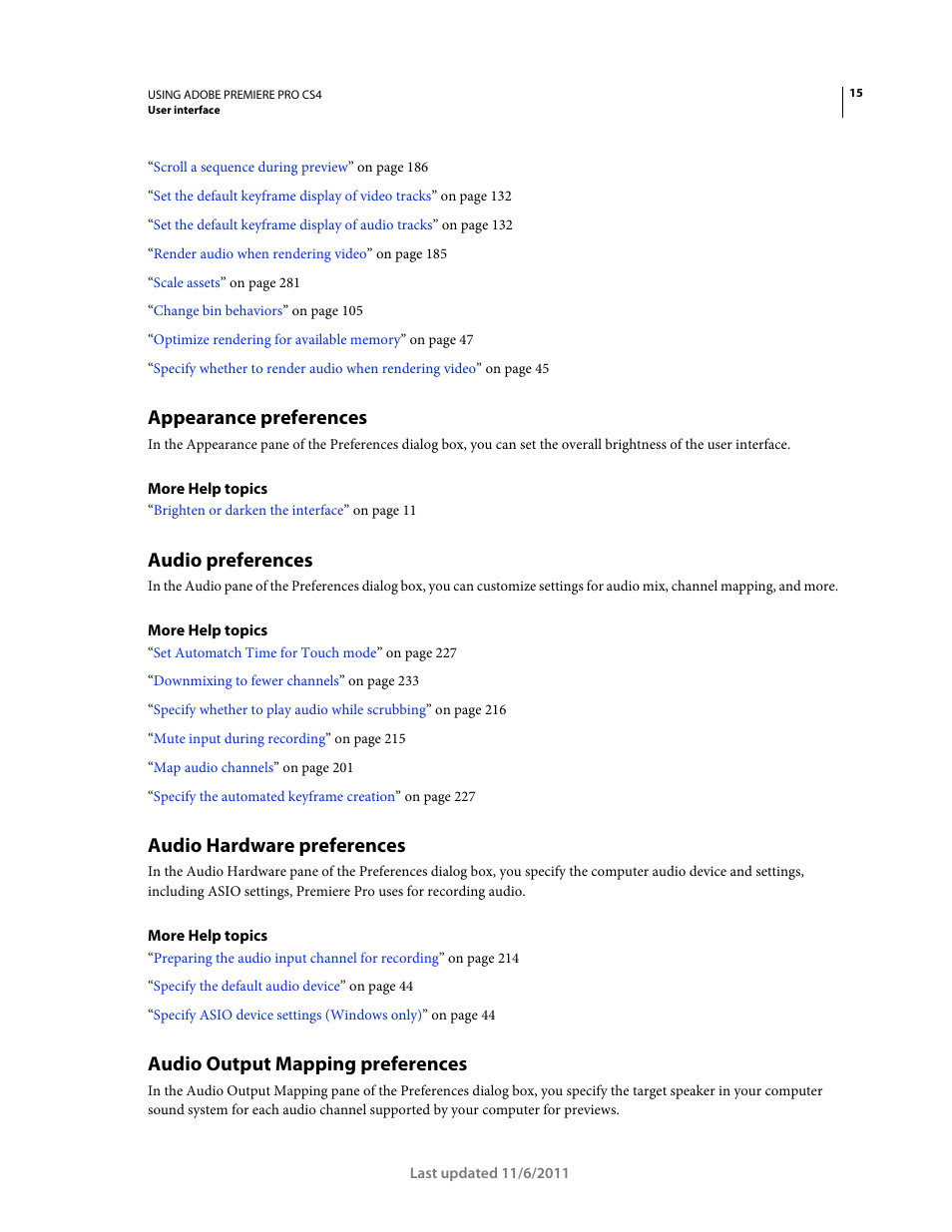 Appearance preferences, Audio preferences, Audio hardware preferences | Audio output mapping preferences | Adobe Premiere Pro CS4 User Manual | Page 21 / 491