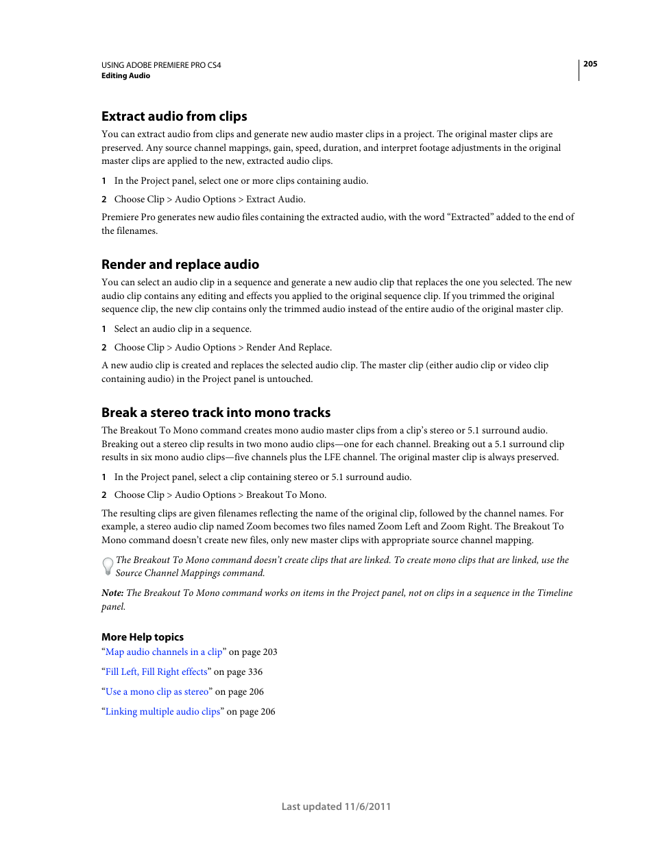 Extract audio from clips, Render and replace audio, Break a stereo track into mono tracks | Adobe Premiere Pro CS4 User Manual | Page 211 / 491