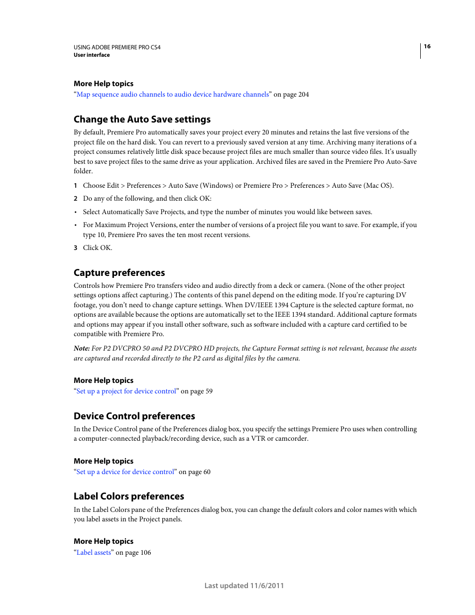 Change the auto save settings, Capture preferences, Device control preferences | Label colors preferences | Adobe Premiere Pro CS4 User Manual | Page 22 / 491