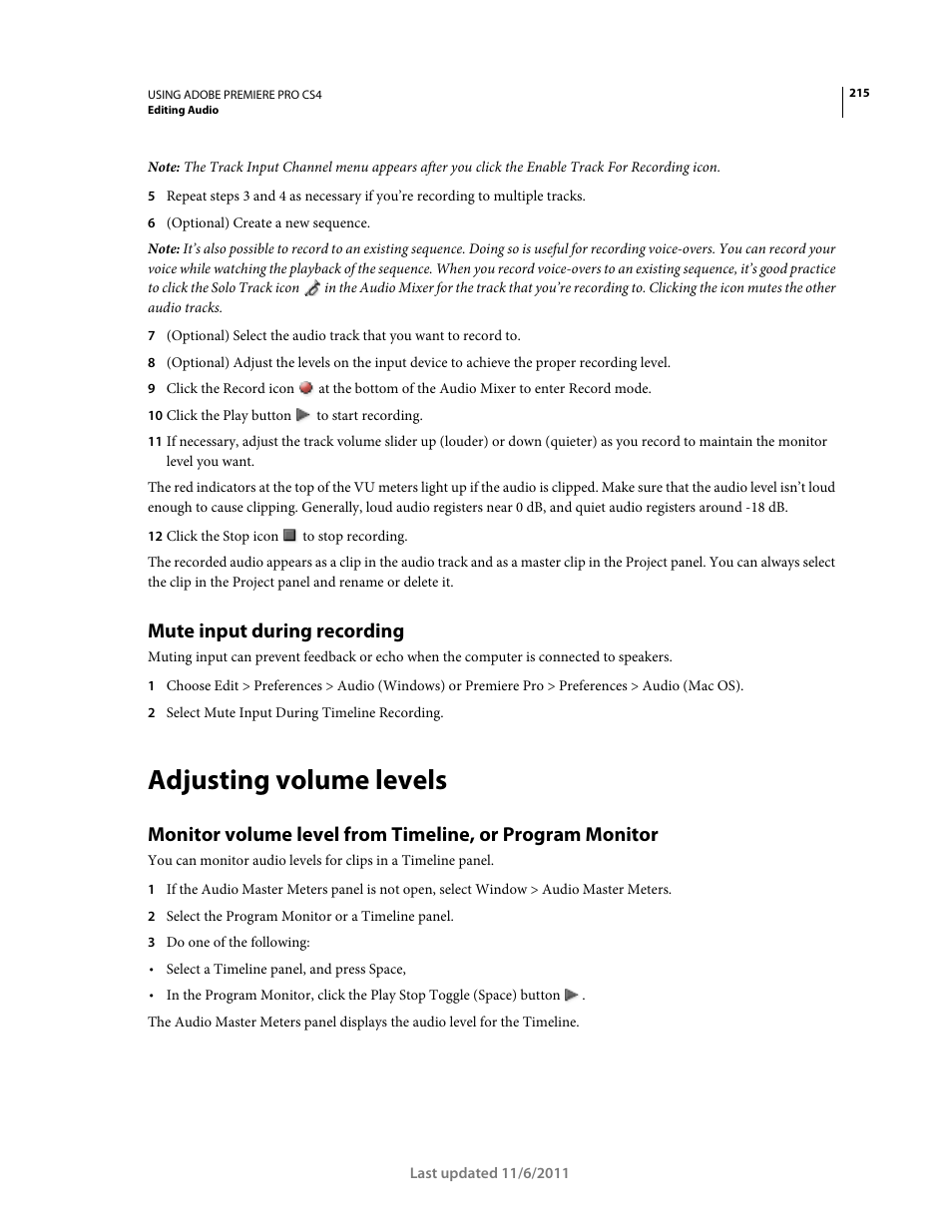 Mute input during recording, Adjusting volume levels | Adobe Premiere Pro CS4 User Manual | Page 221 / 491