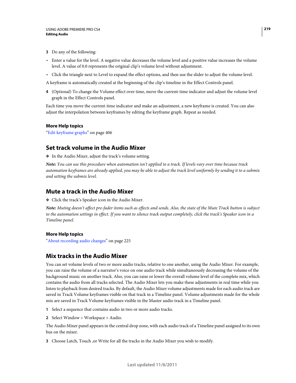 Set track volume in the audio mixer, Mute a track in the audio mixer, Mix tracks in the audio mixer | Adobe Premiere Pro CS4 User Manual | Page 225 / 491