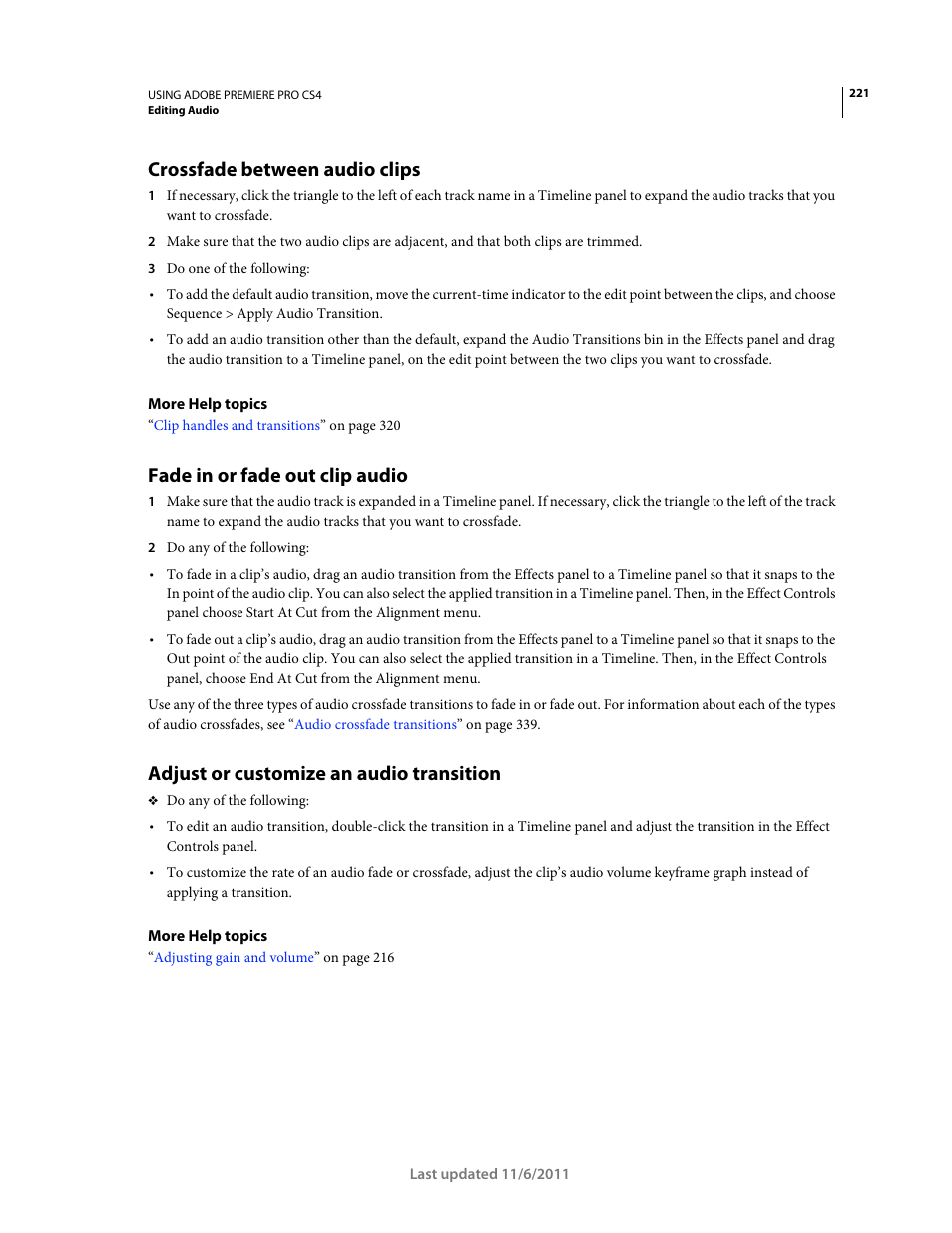 Crossfade between audio clips, Fade in or fade out clip audio, Adjust or customize an audio transition | Adobe Premiere Pro CS4 User Manual | Page 227 / 491