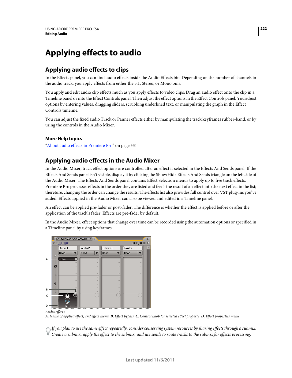 Applying effects to audio, Applying audio effects to clips, Applying audio effects in the audio mixer | Adobe Premiere Pro CS4 User Manual | Page 228 / 491