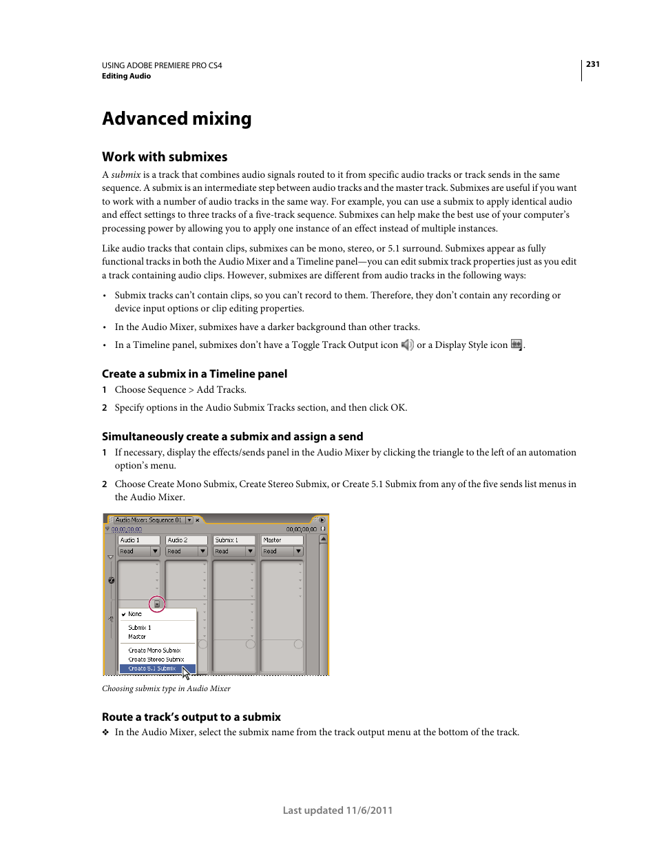 Advanced mixing, Work with submixes, Create a submix in a timeline panel | Simultaneously create a submix and assign a send, Route a track’s output to a submix | Adobe Premiere Pro CS4 User Manual | Page 237 / 491