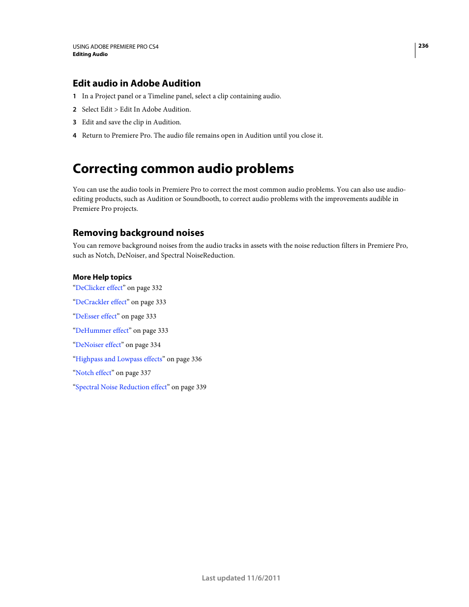 Edit audio in adobe audition, Correcting common audio problems, Removing background noises | Adobe Premiere Pro CS4 User Manual | Page 242 / 491